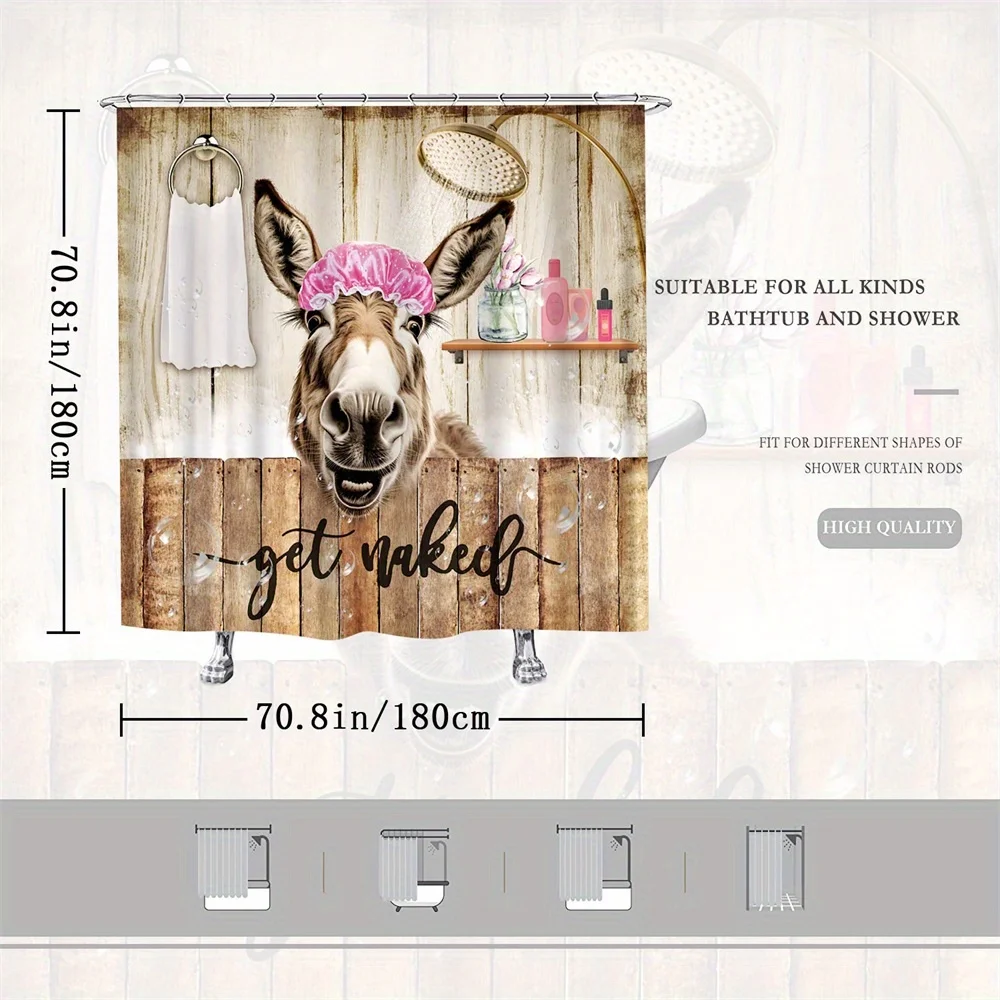Whimsical Donkey Bathing Shower Curtain with Rustic Wooden Background -Fun\