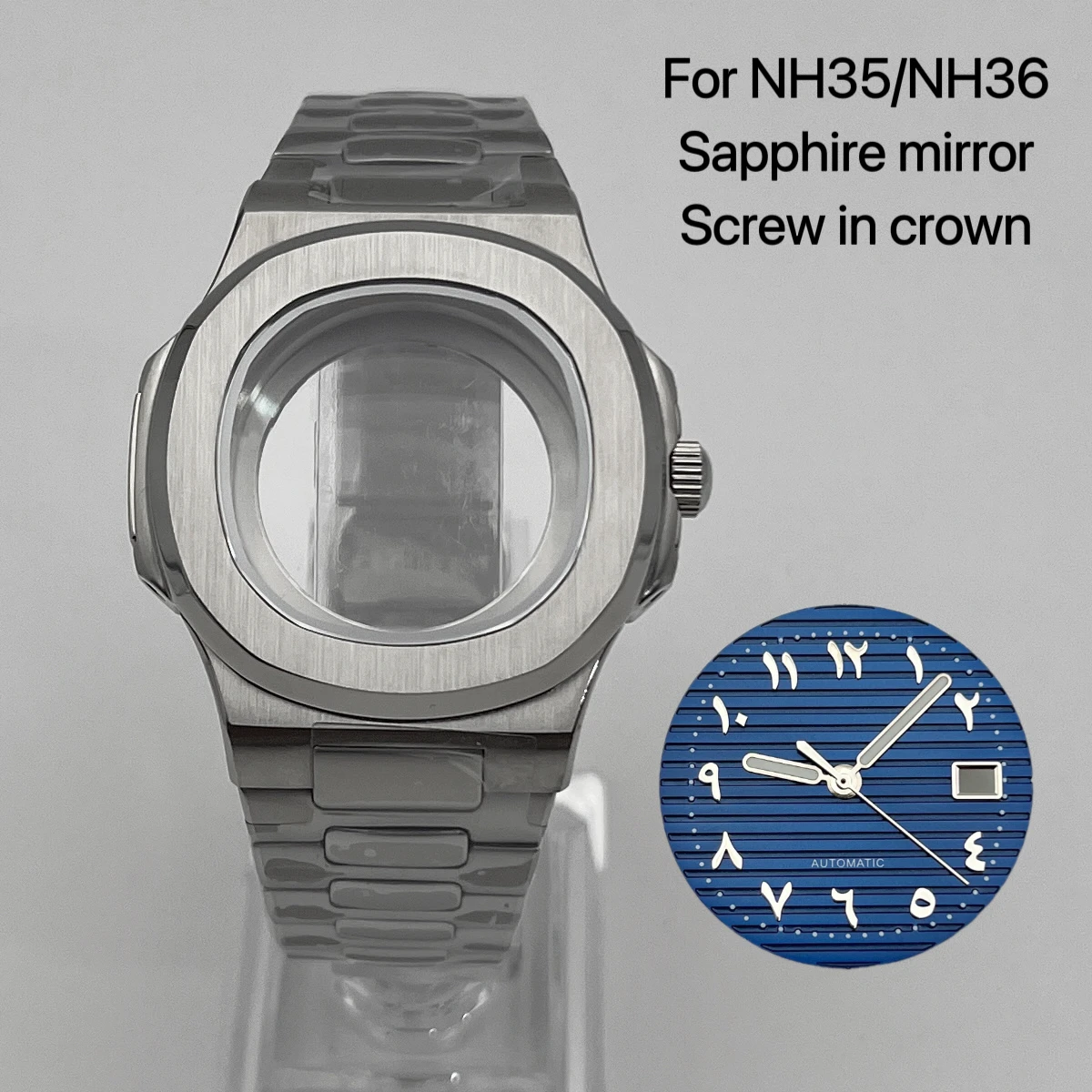 Silver NH35 case set, Arabic numeral dial, suitable for Seiko NH35 NH36 movement