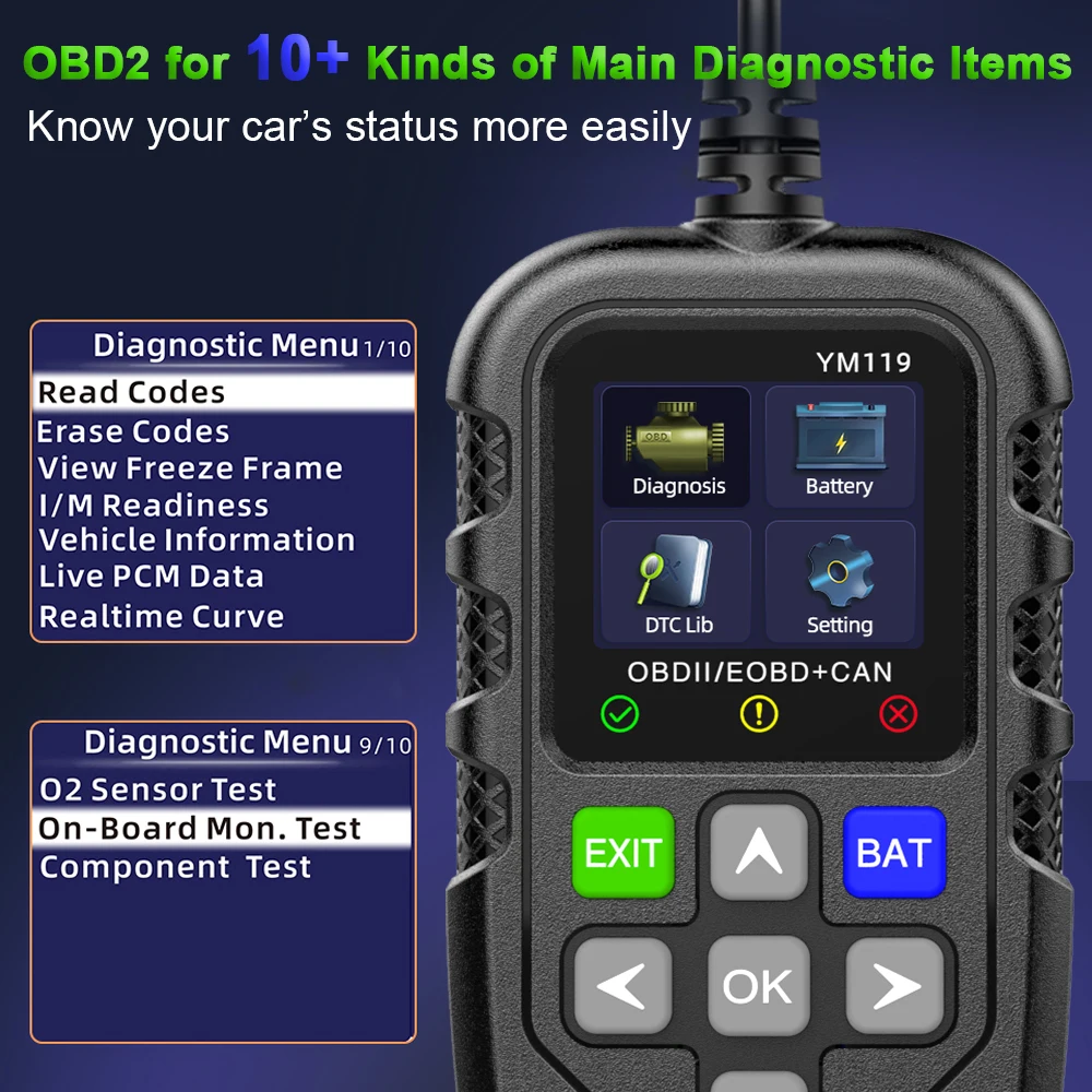 OBD II YM119 Auto Diagnostic Tool OBDII/EOBD Code Reader Scanner for 12V Vehicles Helps in Car Diagnostics
