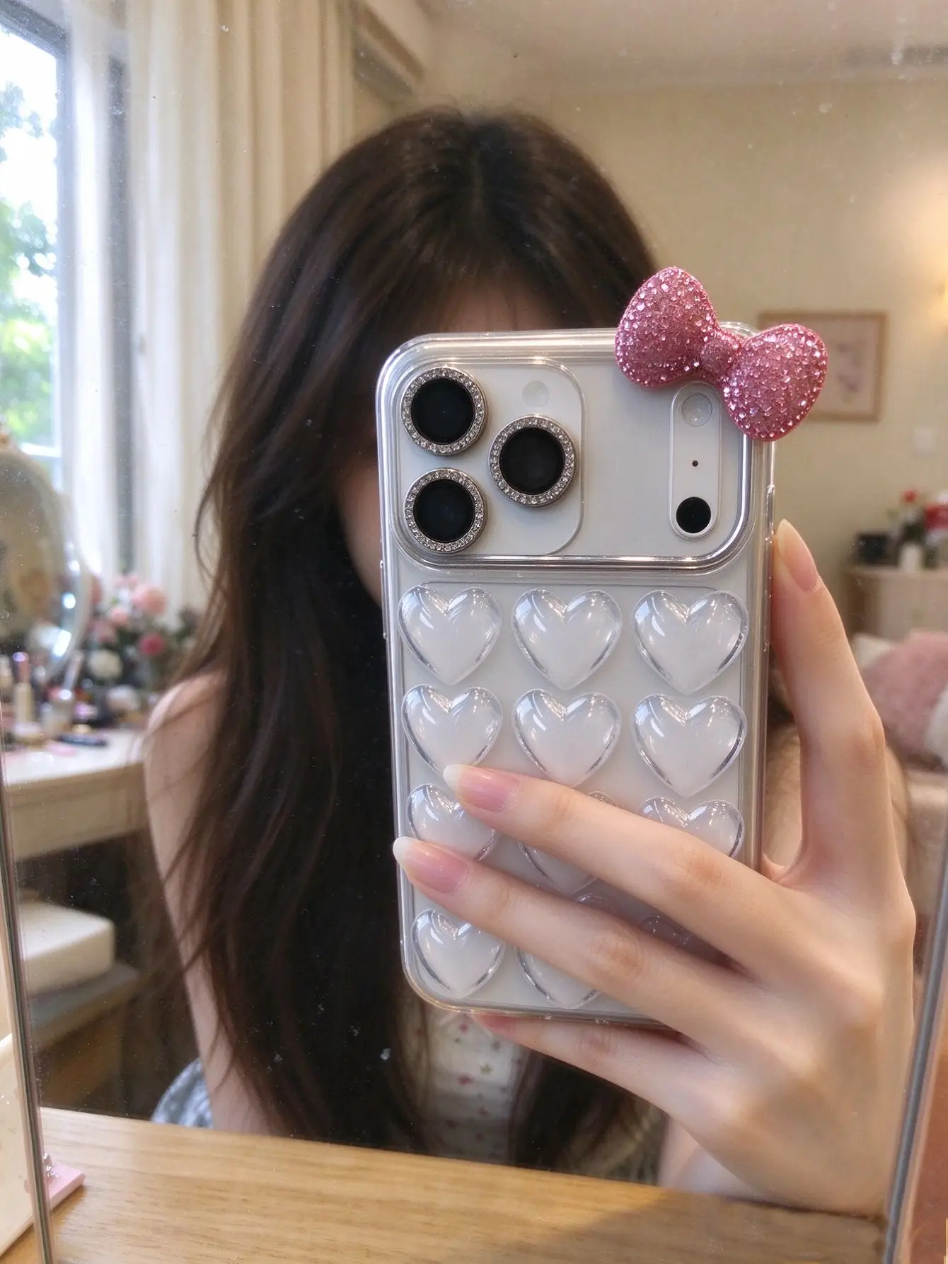 1pc Clear 3D Heart Phone Case Soft TPU Cover with Pink Rhinestone Bow Shockproof Girly Case for iPhone Cover 11-18 Pro Max