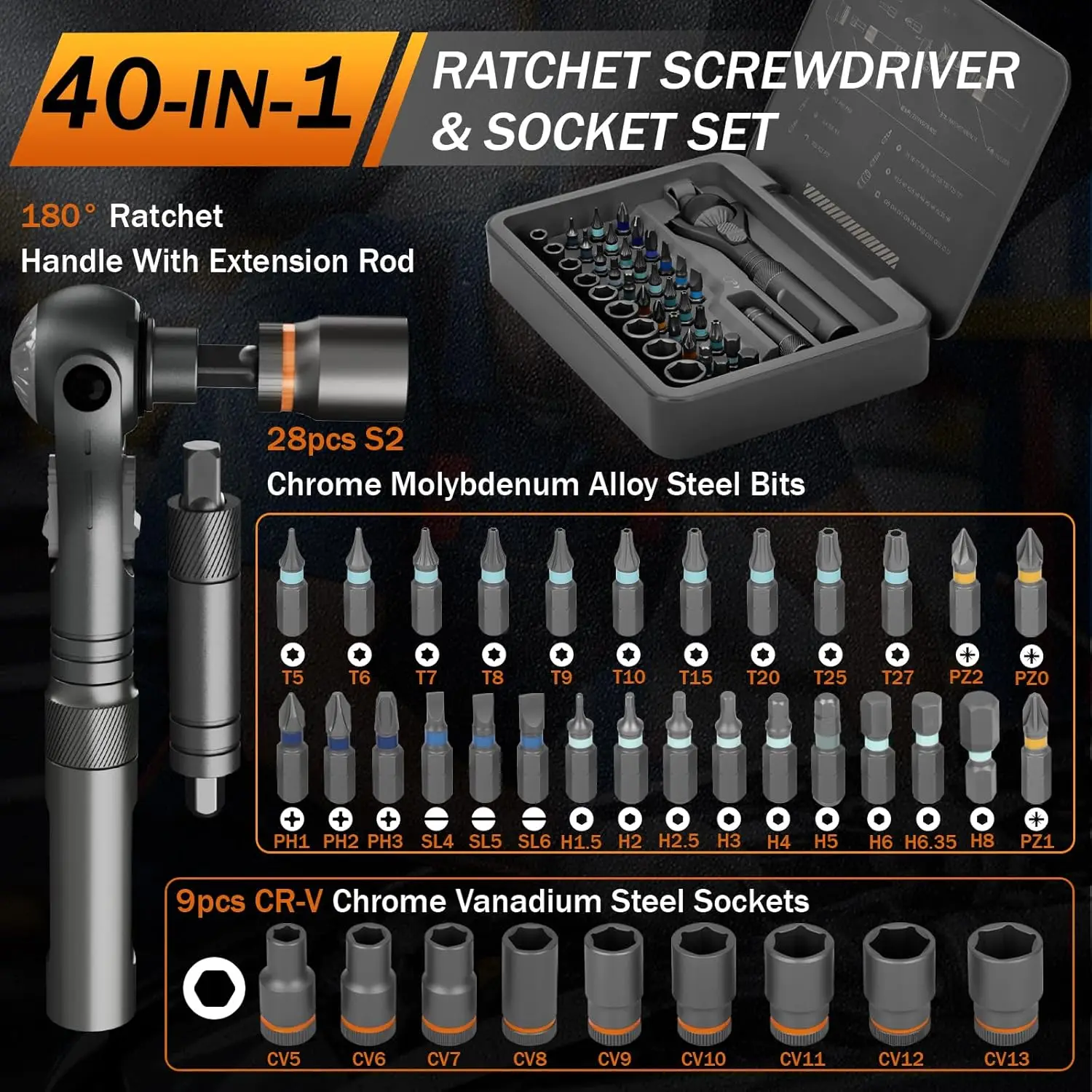40 in 1 Magnetic Ratchet Screwdriver Set 180° Rotatable Handle S2 Bits Socket Kit Multifunctional Household Repair Tool