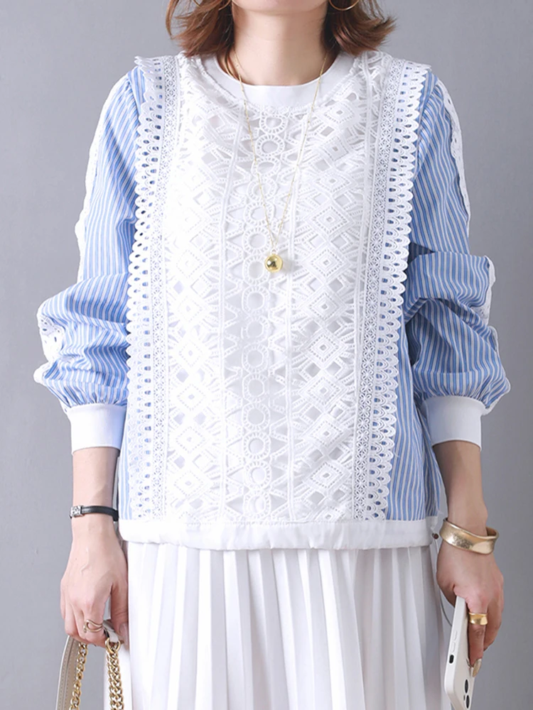 

Stylish Lace Patchwork Hook Striped Blouse Women 2024 New Long Sleeve Drawstring Shirts Female Elegant Casual Tops Blue Shirts