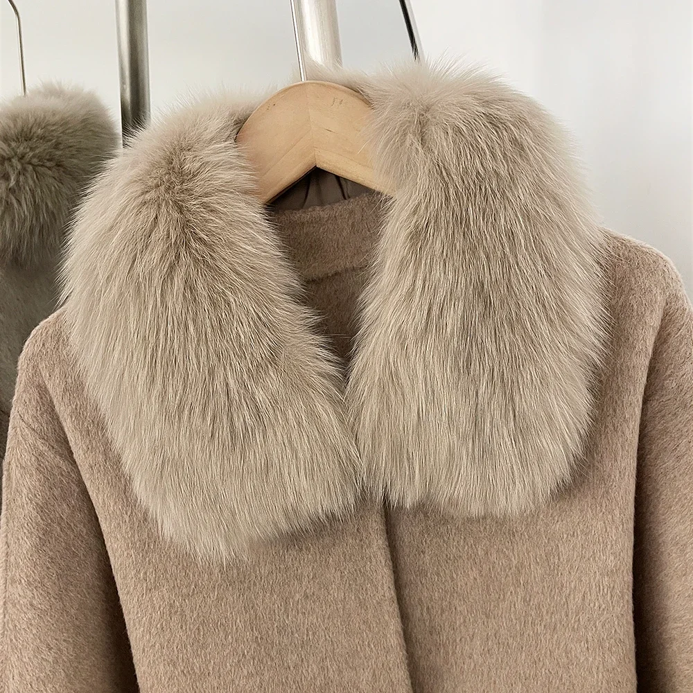 OFTBUY Neue Winter-Oberbekleidung für Damen, Cape-Stil, 100% reine Wolle, Mantel mit echtem Fuchspelzkragen, Manschetten und Gürtel, mittellange Wolljacke für Damen – Detail 4