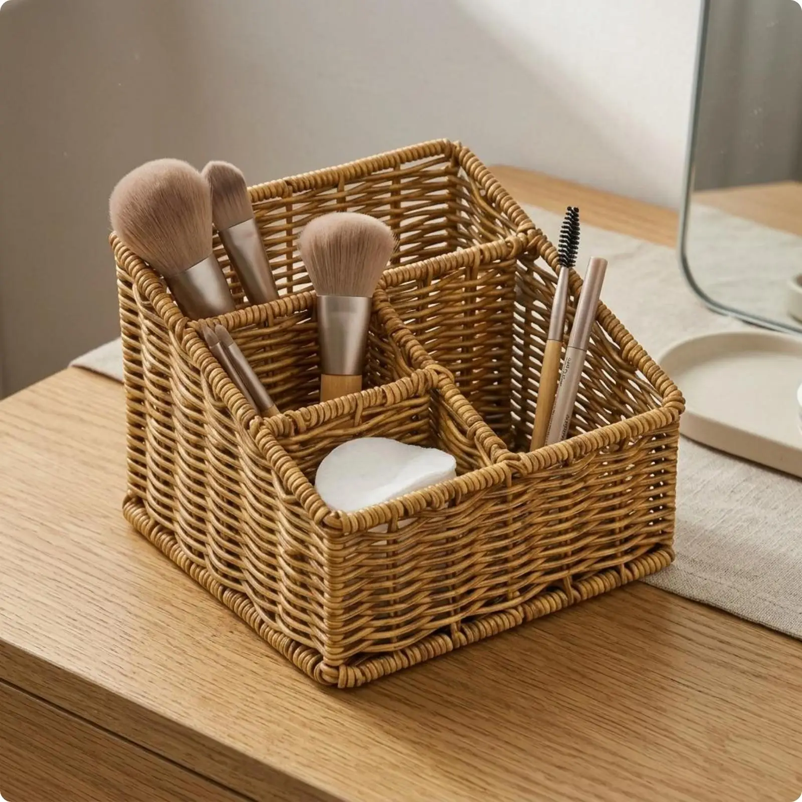 Rattan Style Desktop Organizer Basket Plastic Storage Box for Cosmetics Kitchen Tableware Bedroom Storage