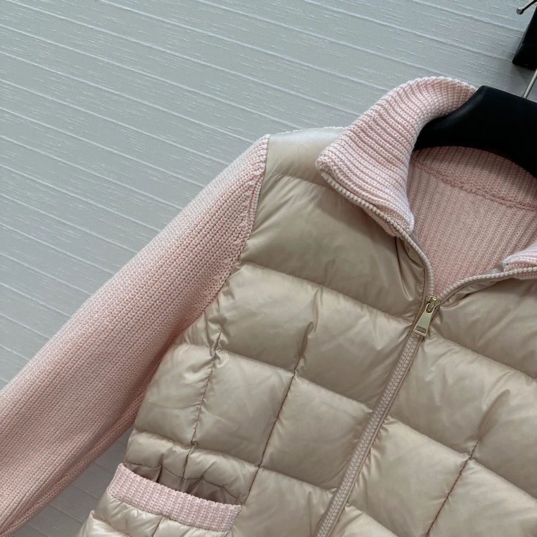 2025 nuevo Otoño Invierno abrigo de plumas de ganso blanco mujer cuello alto manga larga tejido Patchwork bolsillos cremallera chaqueta Casual delgada