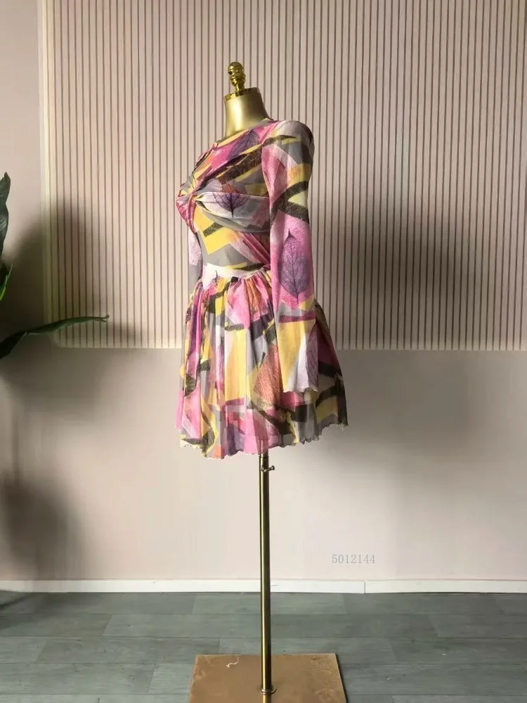 2026 Elegant Women Leaf Floral Print Draped O-neck Long Sleeve Big Swing Smock Dress Birthda Party Education Trendy Dresses