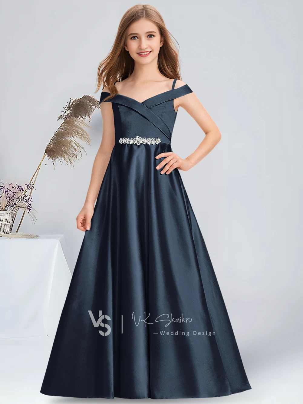 Vestido de dama de honra para crianças, vestido de baile, cetim, ombro frio, chique, florista prateado, festa de casamento, princesa, júnior