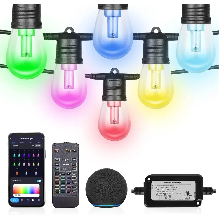 

2024 Upgraded Outdoor String Lights, DIY Color Changing RGB Bright Smart Light 50ft Work with Alexa & Remote for Party