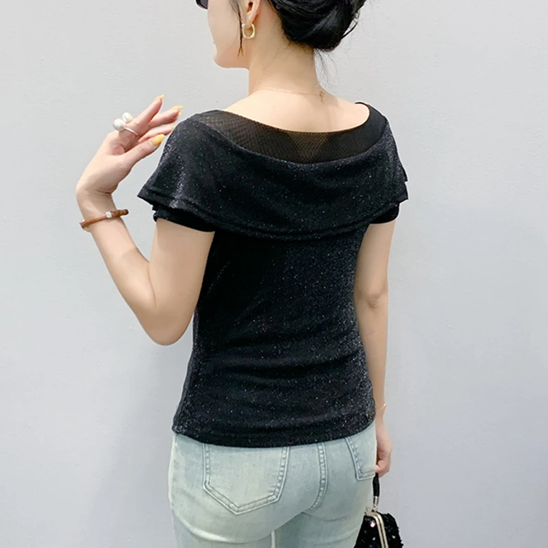 Camicetta stile estivo con perline fatte a mano per l'industria pesante Camicia versatile a maniche corte in rete sottile alla moda