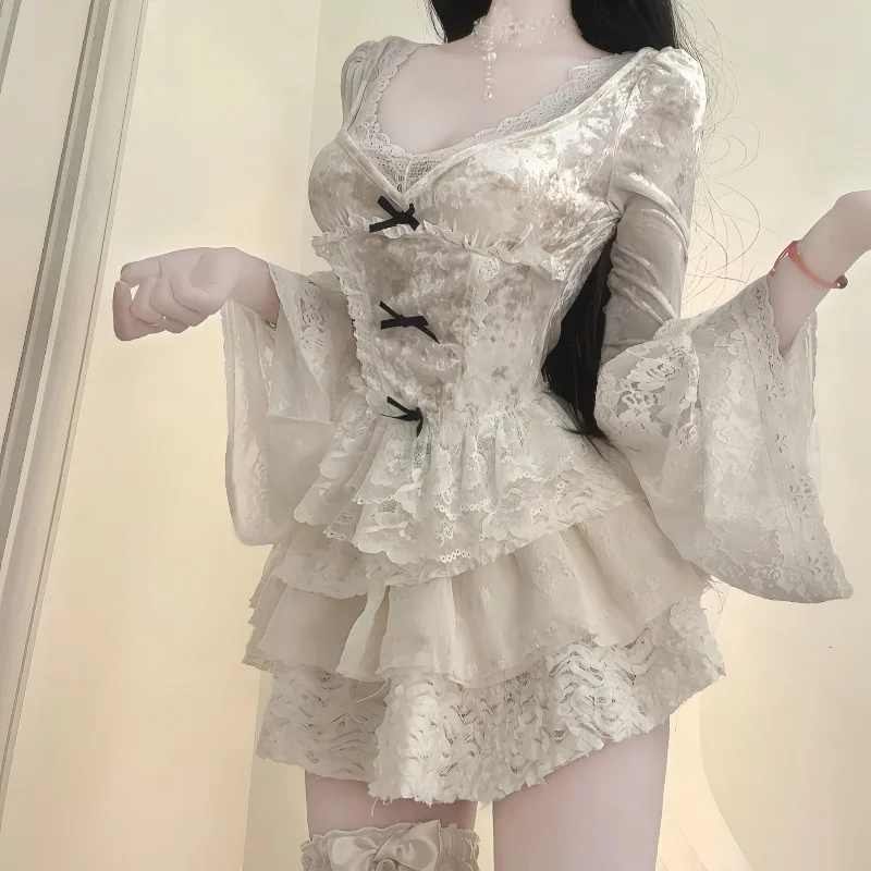 

2025 New French Sexy Princess Long Sleeve Tops Suit+Aesthetic Sweet Slim Lace Patchwork Skirts Bow Women's Party Two Piece Sets