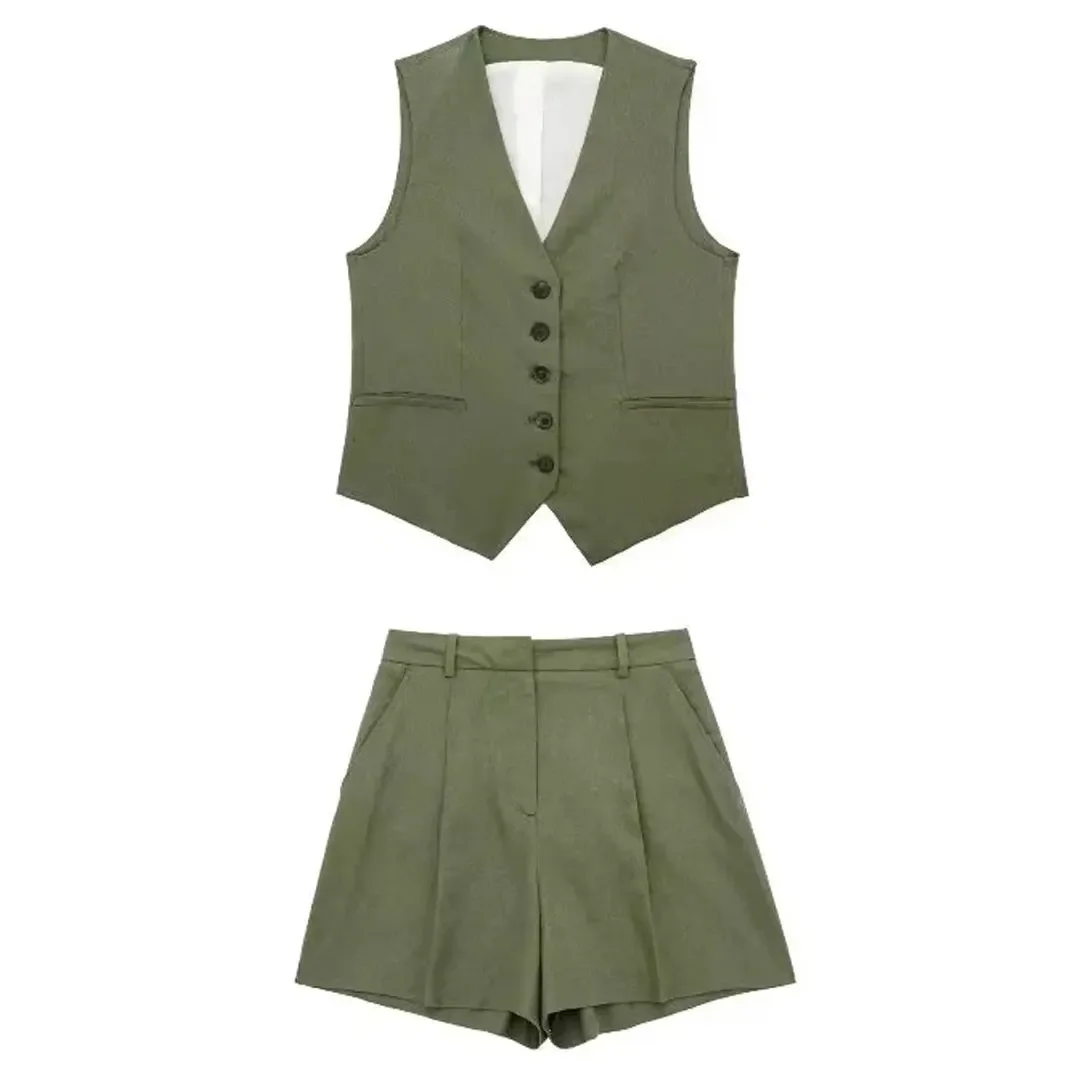 TRAF Women Elegant Solid Waistcoat Shorts Set 2024 Sleeveless Vest Top+High Waist Slim Shorts Lady Office Casual 2 Pieces Set