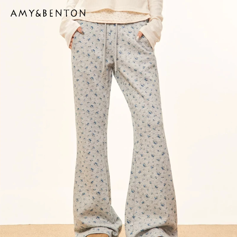 

American Retro Floral Women's Flared Pants 2025 Autumn Winter New Loose Versatile Slimming Wide-Leg Casual Floor Pants Ladies