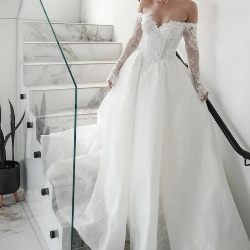 Satin White Appliques Wedding Dresses off-shoulder A skirt long sleeves glitter decal Long tail Bridal Gowns Made Customized