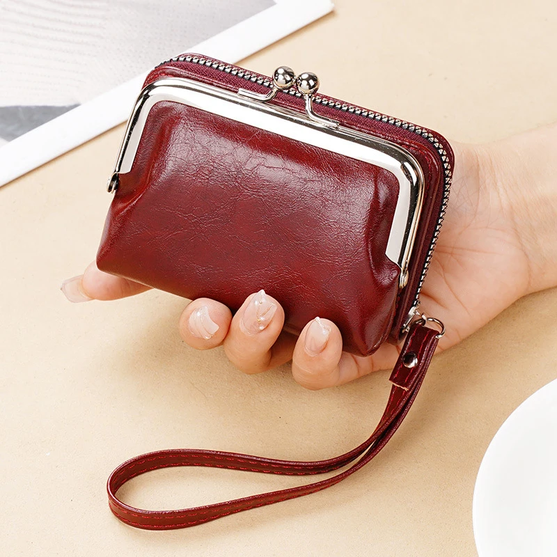 Womens Wallet Small Ladies Compact PU Leather Vintage  Card Holder Coin Purse With Zipper Vintage Clip Organ Wrist Bag