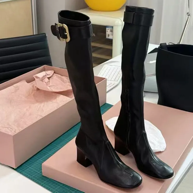نجمة نمط خمر حزام مشبك جلد مرن النساء أحذية عالية في الركبة الخريف الشتاء عالية الكعب تشيلسي سليم أحذية طويلة الأحذية