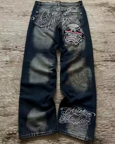 Retro 90s Gothic Oversized Skull Embroidered Loose Jeans For Women Y2K New Harajuku Hip Hop Punk Rock Casual Joker Street Wear
