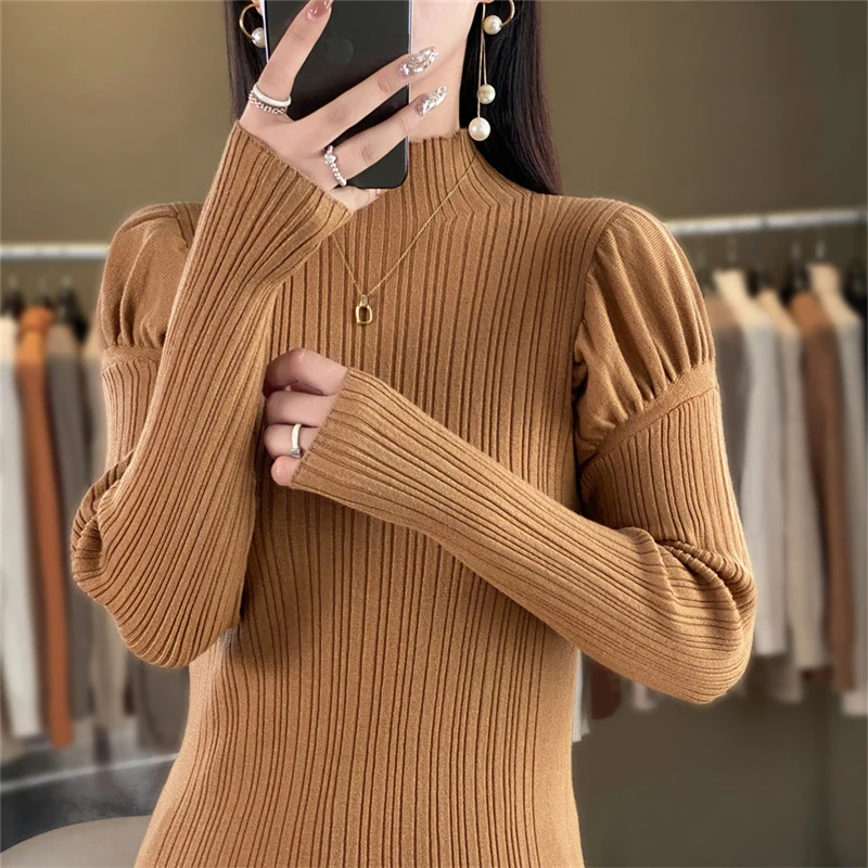 Women's boutique semi high neck sweater autumn and winter knitted cashmere sweater Women's solid color pullover long sleeved top