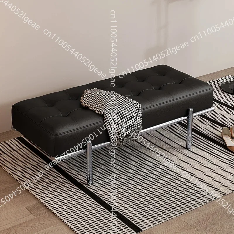 Minimalist Italian Shoe Bench Stainless Steel Long Entryway Stool Genuine Leather Bed End Seat High Elasticity Modern Furniture