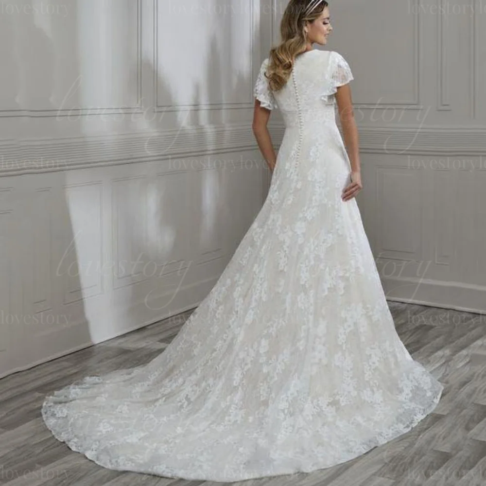 Personalizado uma linha vestidos de casamento mangas curtas rendas vestidos de noiva clássico elegante noiva robes o pescoço luxo novia