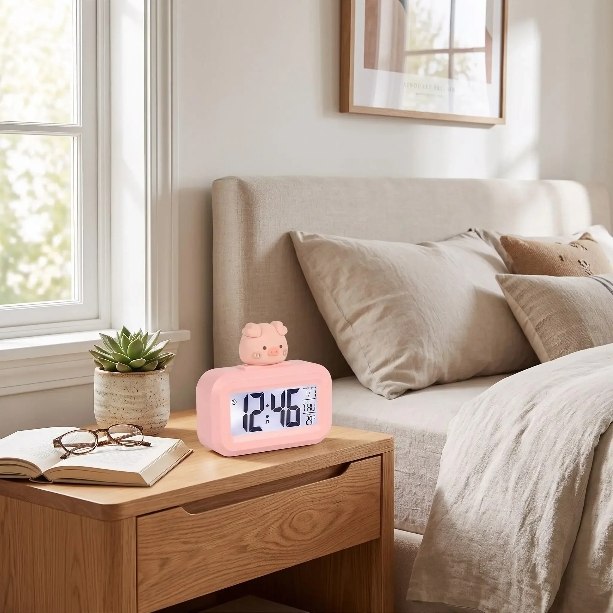 Cute Pig Digital Alarm Clock with LED Display Temperature Calendar Snooze 12/24H Bedside Desk Clock for Kids Room