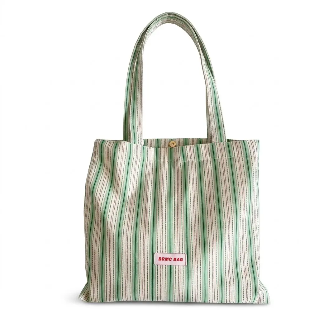Bolso de lona a rayas verdes y blancas para mujer, bolso de hombro informal de gran capacidad con botón a presión para viajes diarios, compras y viajes