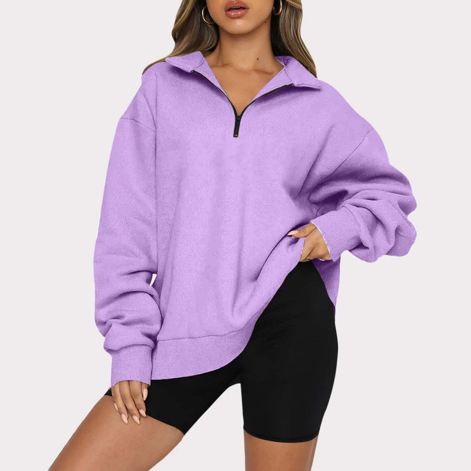 المتضخم طويلة الأكمام البلوز للنساء ، نصف البريدي البلوز ، Hoodie هوديي ، موضة ممارسة رياضية ، البلوفرات الأساسية ، 90s ، الأمريكية