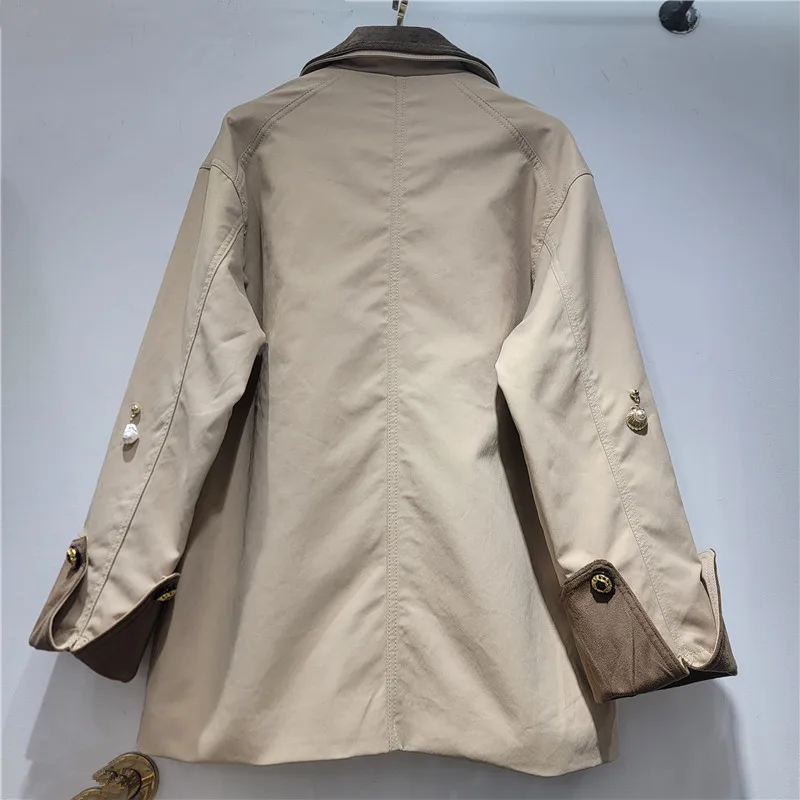 HKSH Women Loose Coat Heavy Pearl Decorated Safari Style Contrast Color Patchwork Multi-pocket Stylish Ins Casual Jacket HK25872