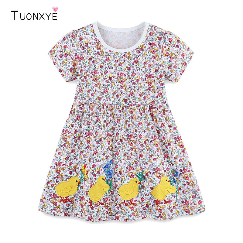 TUONXYE Mädchen-Baumwollkleid, Sommerkleid mit Blumendruck, kurzärmelig, lässiges Sommerkleid mit niedlicher Küken-Stickerei für Kleinkinder
