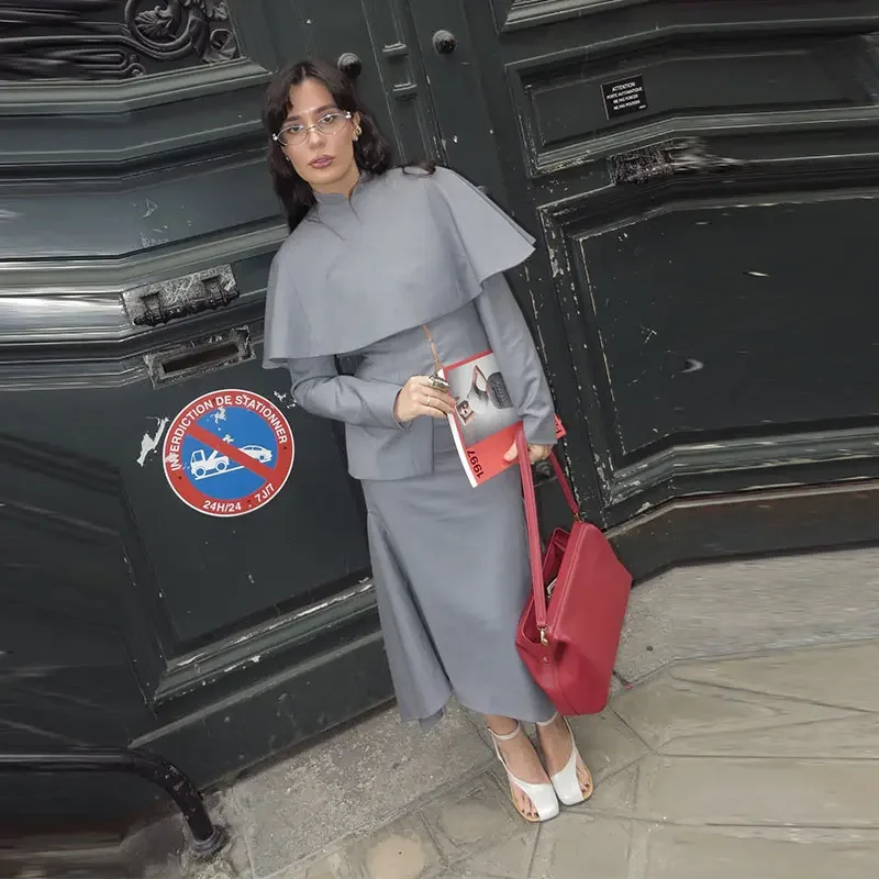 Schalkragen Elegantes Outfit Cape Damenanzug Asymmetrischer Meerjungfrauen-Dreiteiler Langer Rock Büro Damen Graue Anzüge 2026 Herbst – Detail 10