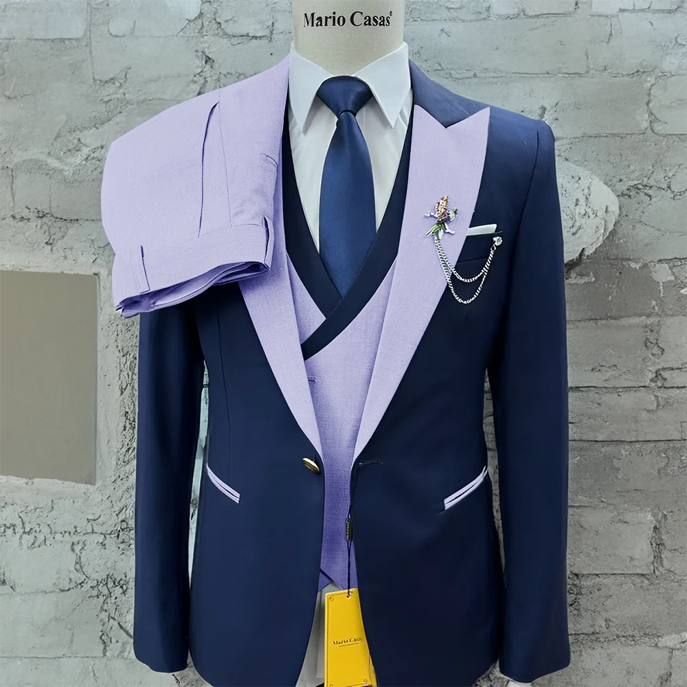 Navy blue Men's Suit, Gray Collar Pants Vest 3 Piece Suit, Wedding Tuxedo for Groom, Custom Size, High quality Blazer