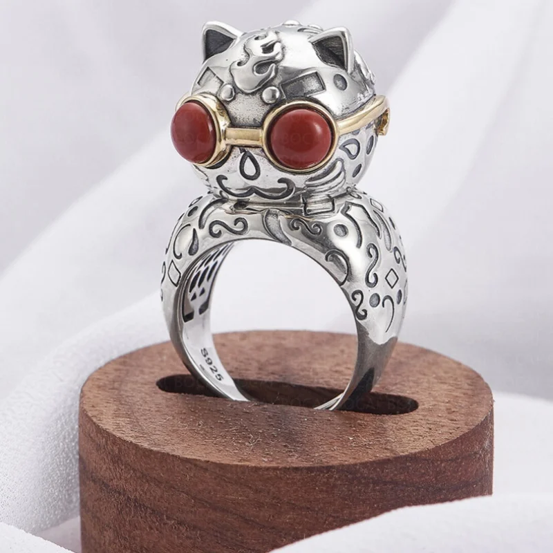 S925 Sterling Silver Charms Rings for Women Men Emboss Red Agate Kitten With Red Sunglasses New Fashion Jewelry Wholesale