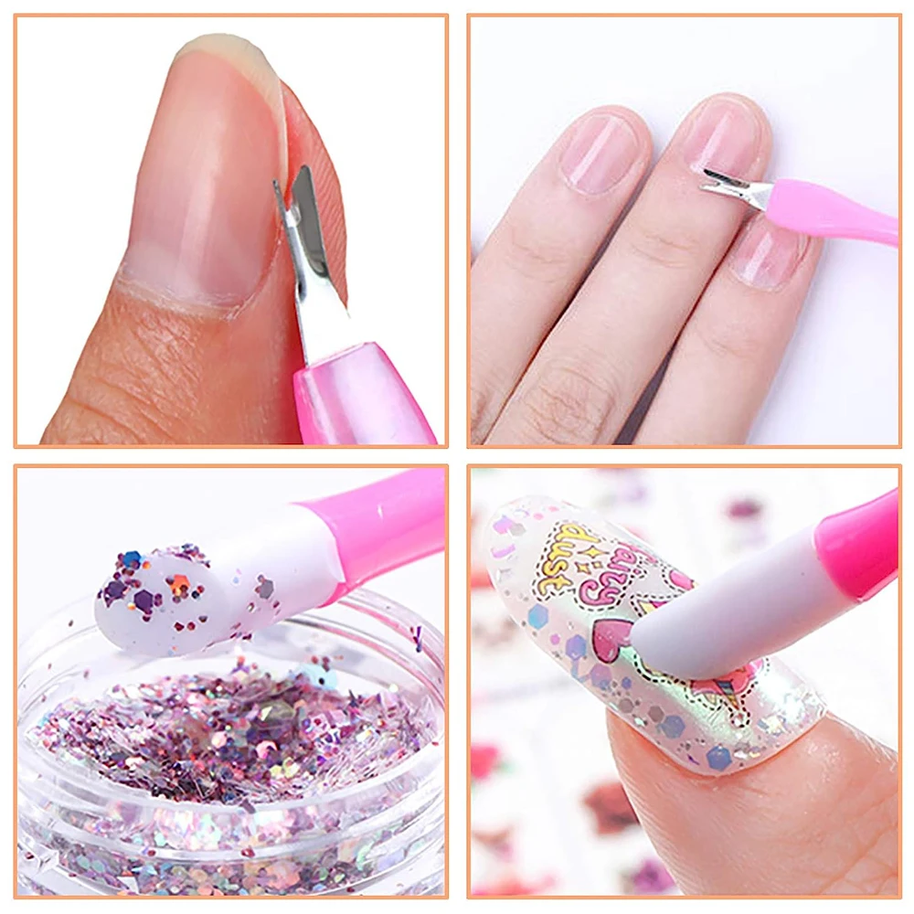 Recortador de cutículas de uñas, limpiador de uñas de goma, mango de plástico, empujador de cutículas, doble cabezal, piel muerta, cuchillo para cutículas, 5 uds.