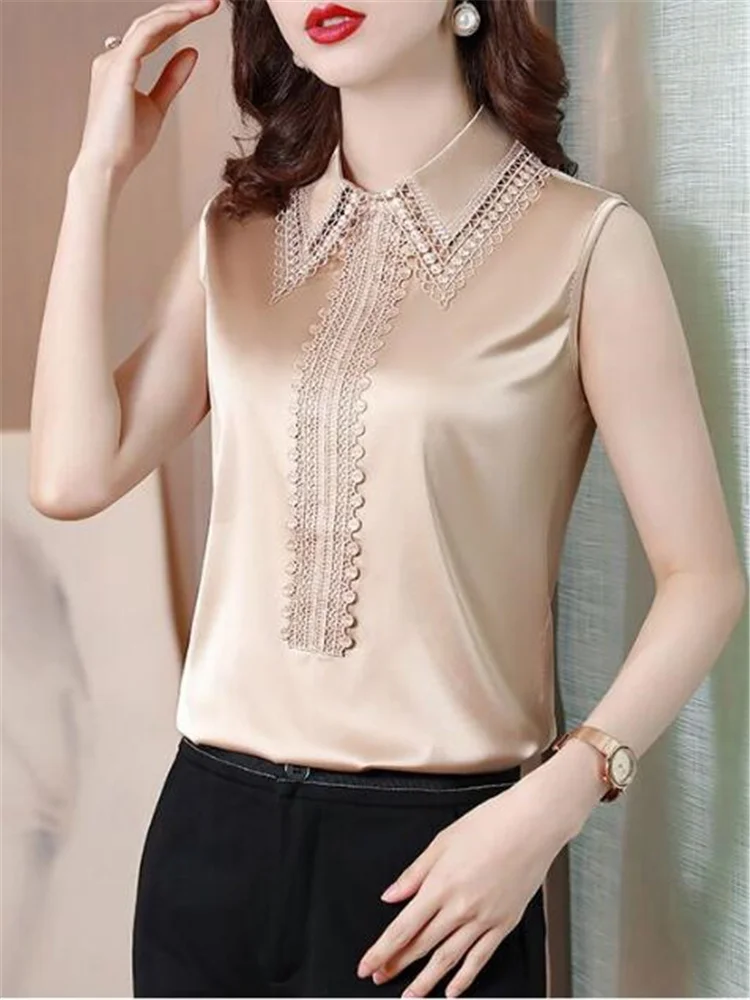 Satin Sleeveless Shirt for Women\'s Bloses Sleveless Summer Top Woman Pullover Lace Hollowed Out Blous Grace Silk Female Shirts