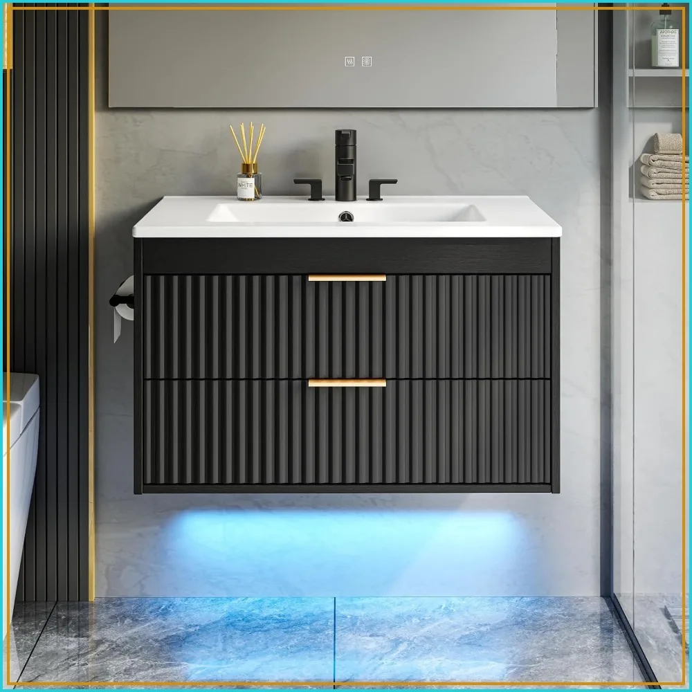 30 Inch Floating Bathroom Vanity with Sink & Towel Holder, Black