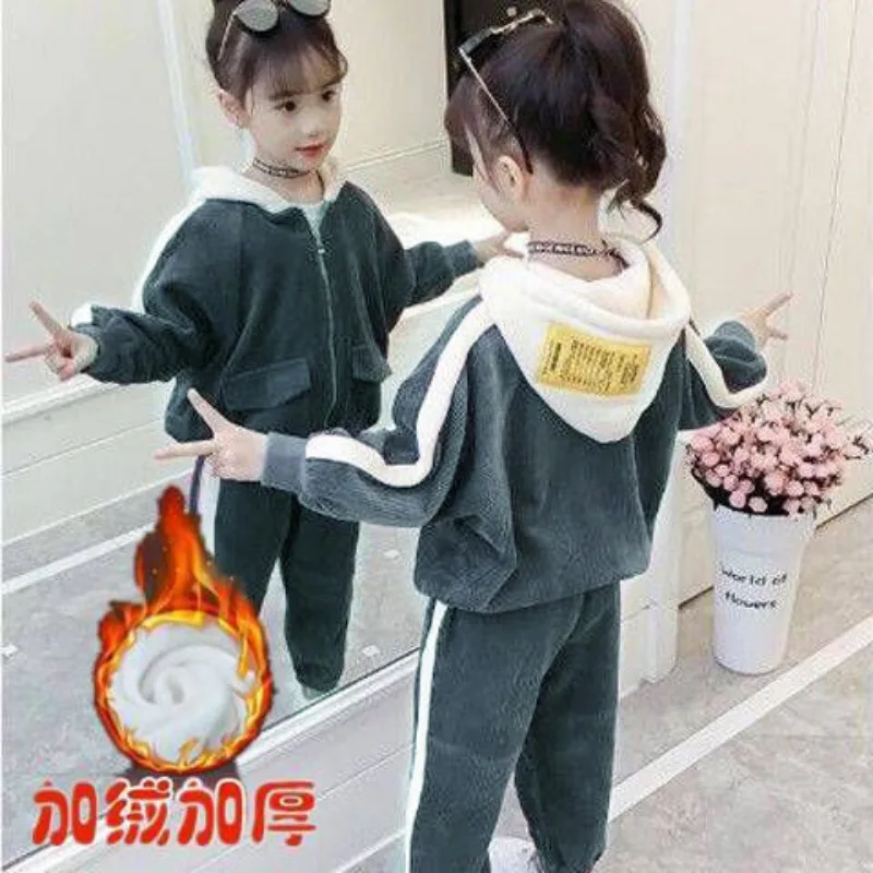 Plush Lined Kids Corduroy Suit Thicken Hooded Zipper Sweatshirt + Warm Casual Jogger Pants Ensembles Winter Girls 2 Piece Set