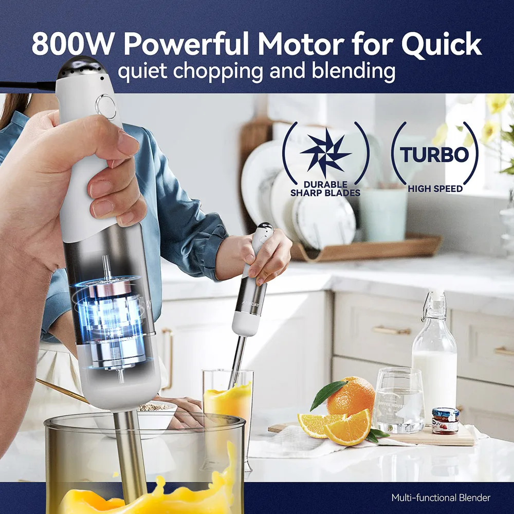 800W 4-in-1 핸드 이머전 블렌더, 스테인레스 스틸 스틱 푸드 믹서, 600ml & 500ml, 화이트