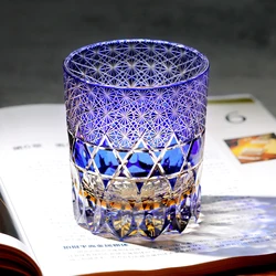 Japanese Edo Kiriko Blue Green Glass Tumbler for Dinner Parties Bars 9oz Crysatal Wine Whiskey Glass Beverage Cup Gift Packing