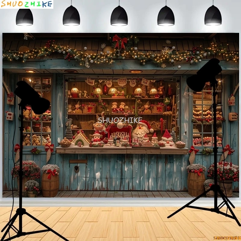Christmas Tree With Gift Boxes Photography Backdrops Winter Snow Decorations Wooden Door Fireplace Room Background Props WR-14