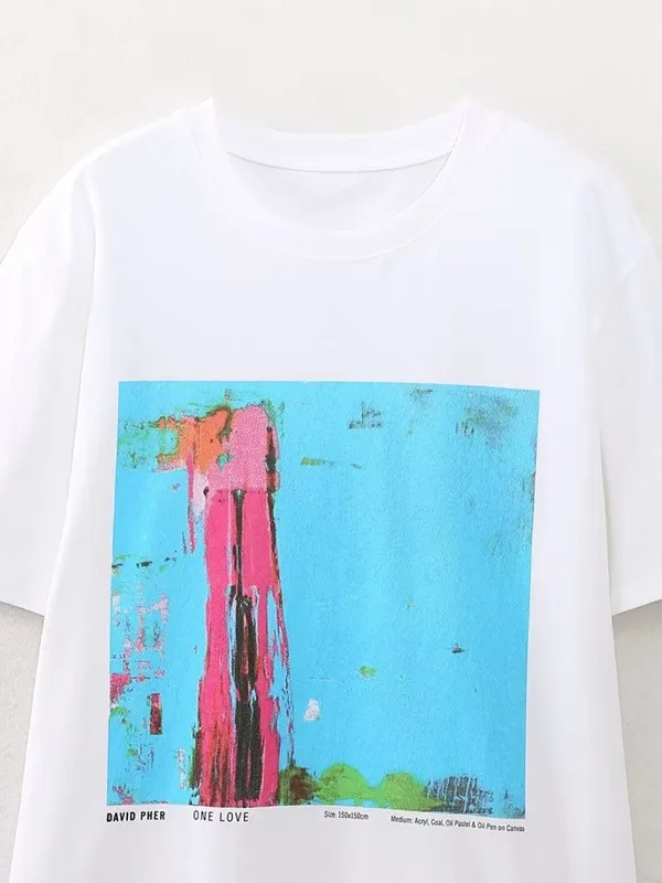 유행하는 반팔 프린트 티셔츠 여성 여름 신상 2023 라운드넥 독창적인 패턴 출퇴근 스타일 레귤러 길이