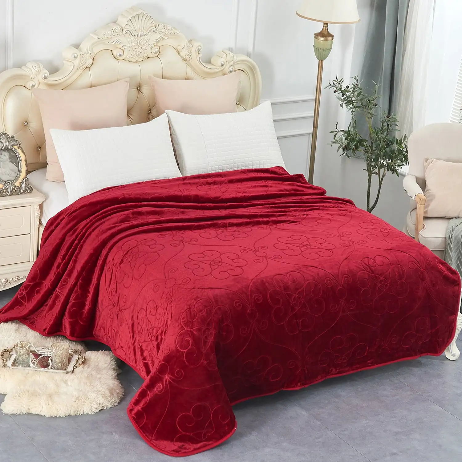 

3.3 lb Lightweight Embossed Plush Fleece Bed Blanket, Red, Full/Queen