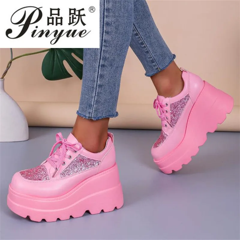 

Women Lace Up High Heel Pumps Rhinestone glitter Female Breathable Chunky Platform Fashion Sneakers muffin bottom wedge boots