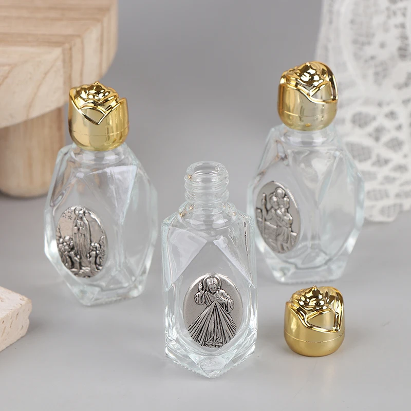 زجاجة مياه مقدسة كاثوليكية سعة 15 مل، زجاجة نحت عذراء كريستيان ذهبية، زجاجة مياه مقدسة #1