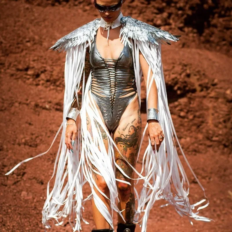 CPSYMYM Gothic เลื่อม Fringe พู่ปีก Cover Ups Unisex Y2K ชุดคอสเพลย์หมวก Streetwear Beach Party Shawl Cloak