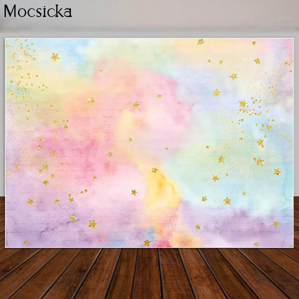 Décors de photographie d'anniversaire de princesse arc-en-ciel scintillants, étoiles dorées colorées, accessoires de fond de stand de studio photo, bannière de bokeh