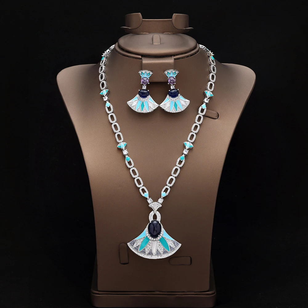 

HIBRIDE New High Quality Exquisite Scalloped Blue Necklace Earrings Women's Decorative Jewelry Wedding Party Prom Gift S-1065