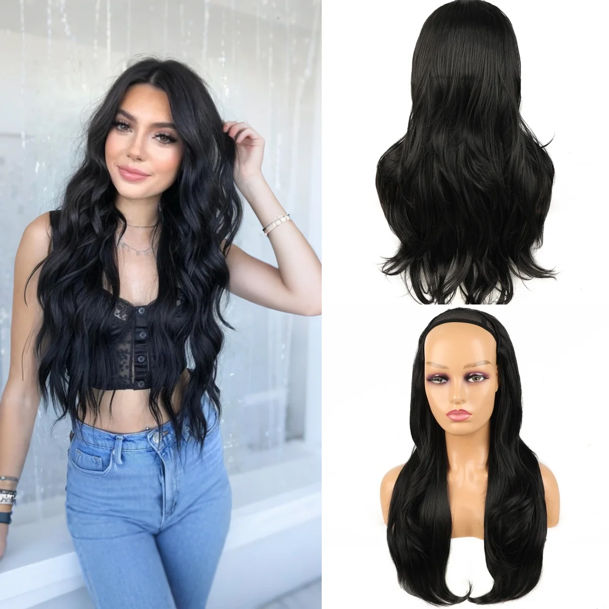 

Натуральные толстые длинные волнистые синтетические U-образные волосы на клипсе, 24-дюймовые черные искусственные волосы для объема и длины