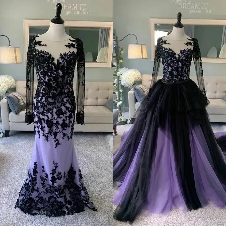 

Gothic Wedding Dress Black And Lavender 2 In 1 Lace Long Sleeves Vintage Mermaid Bridal Gown With Detachable Skirt Customized