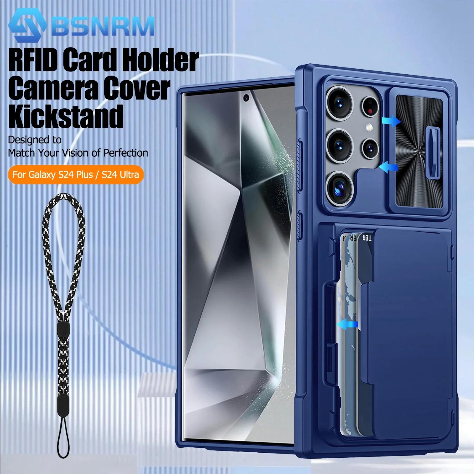 

for Samsung Galaxy S24 Ultra Phone Case Sliding Camera Case Holder Card Holder Full Coverage TPU Shockproof Phone Case-Blue