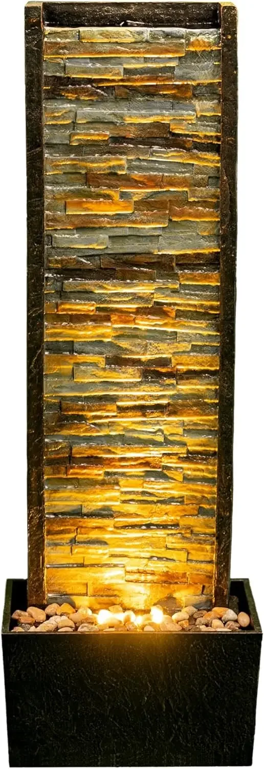 

38 inches Tall Waterfall Feature Indoor&Outdoor:Illuminated Stone Cascade Water Fountain,Provide Elegant Water Feature with LED