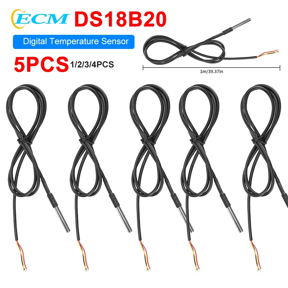 1-5pcs DS18B20 Digital Temperature Sensor Stainless Steel Temperature Sensor Module Probe Waterproof Adjustable Resolution